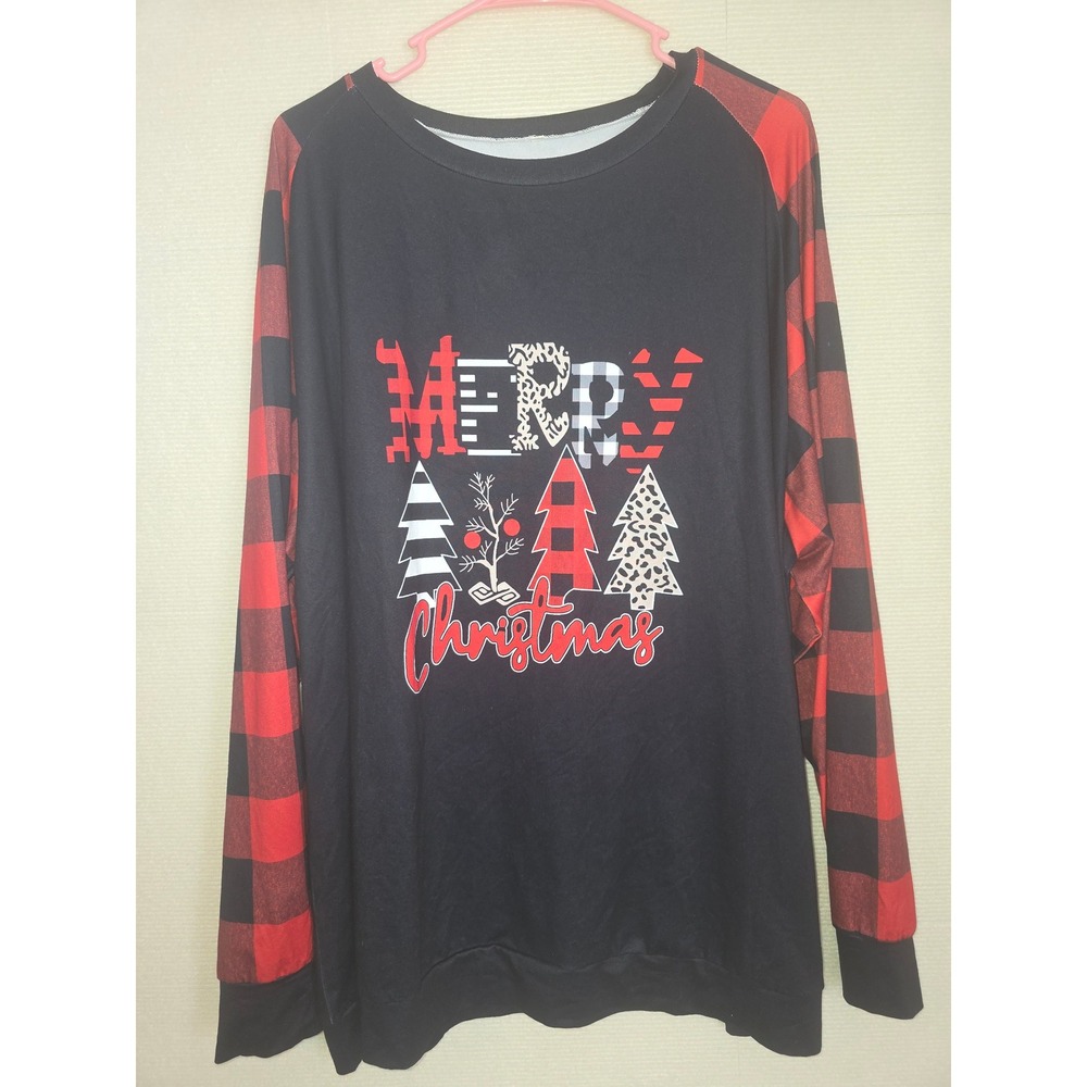 Merry Christmas Graphic Top Red Black Buffalo Plaid Raglan Long Sleeve 4XL
